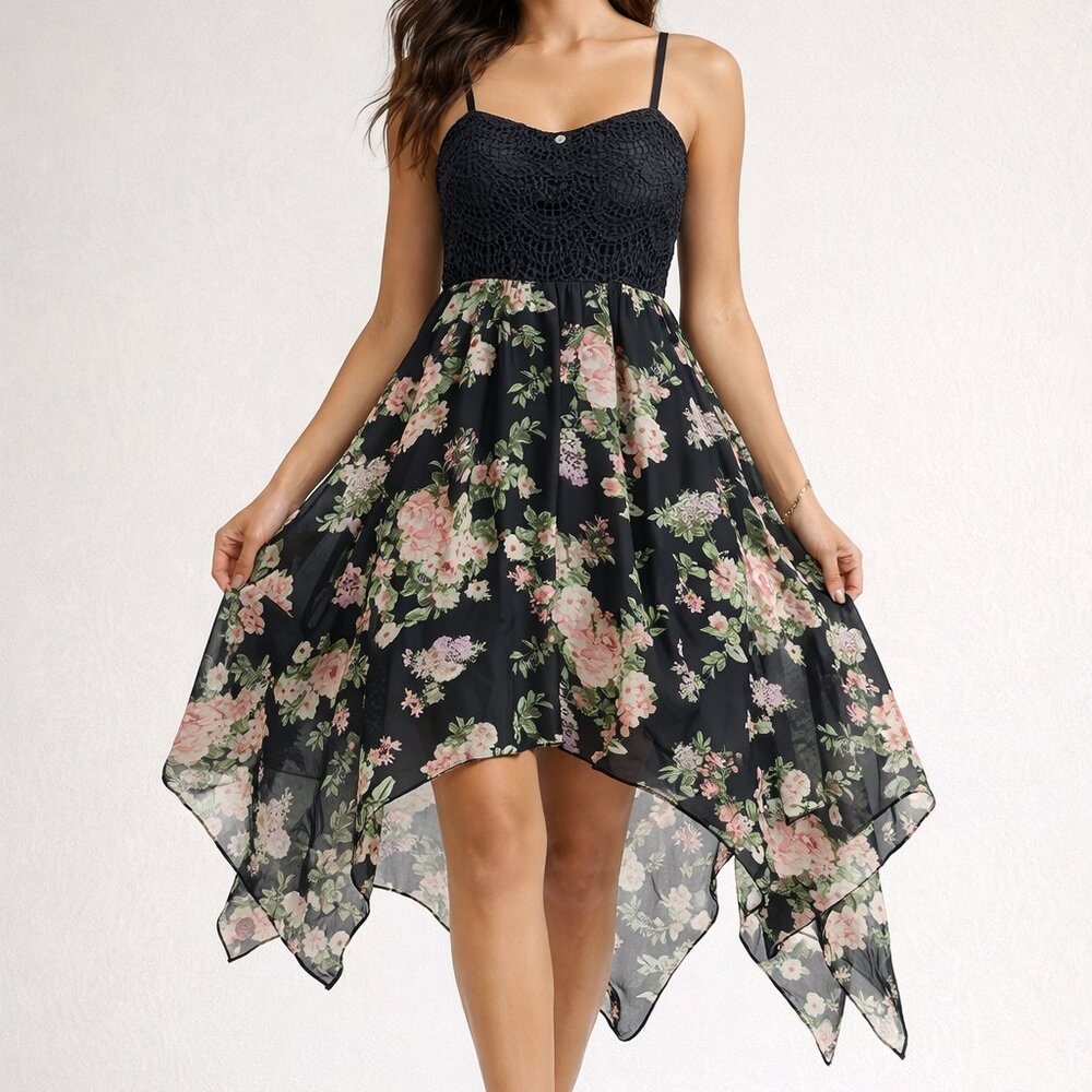 No Boundaries XL Black Lace & Floral Handkerchief Hem Dress